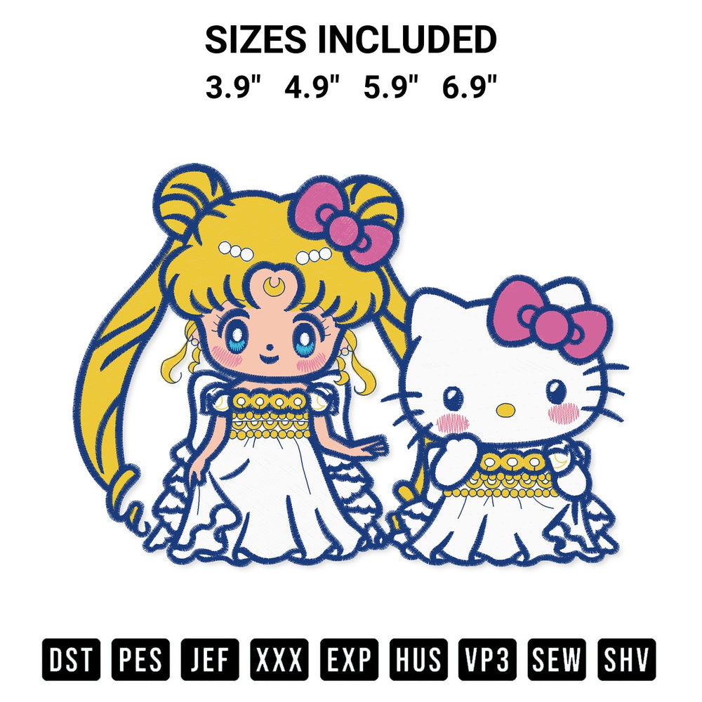 Stitch like a pro with the Princess Serenity And Hello Kitty Embroidery Design embroidery pattern from Designspacks.com. High-quality digital machine embroidery file. Available sizes: 3.9", 4.9", 5.9", 6.9".