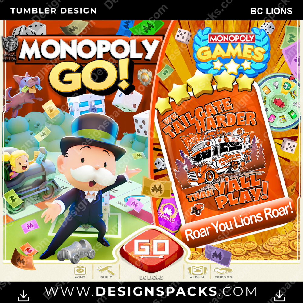 Canada Football Monopoly Go! BC Lions CFL Canada Tumbler Digital Wrap Design Download