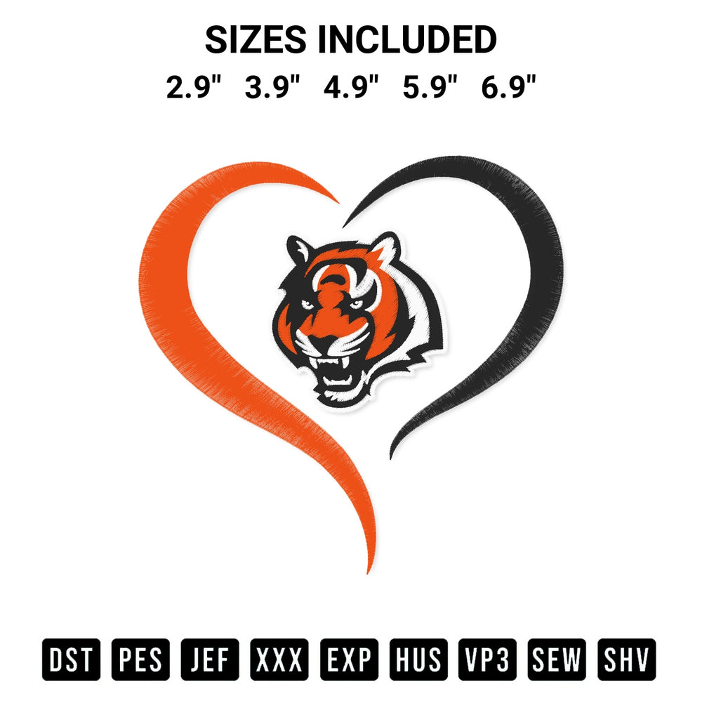 Create amazing crafts with the Cincinnati Bengals Heart Embroidery Design embroidery file. High-quality digital download from Designspacks.com, perfect for beginners and pros. Available sizes: 2.9", 3.9", 4.9", 5.9", 6.9".