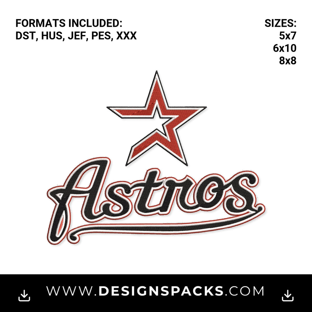 Houston Astros Script with Star Logo Embroidery Design - Instant digital download pattern at Designspacks.com