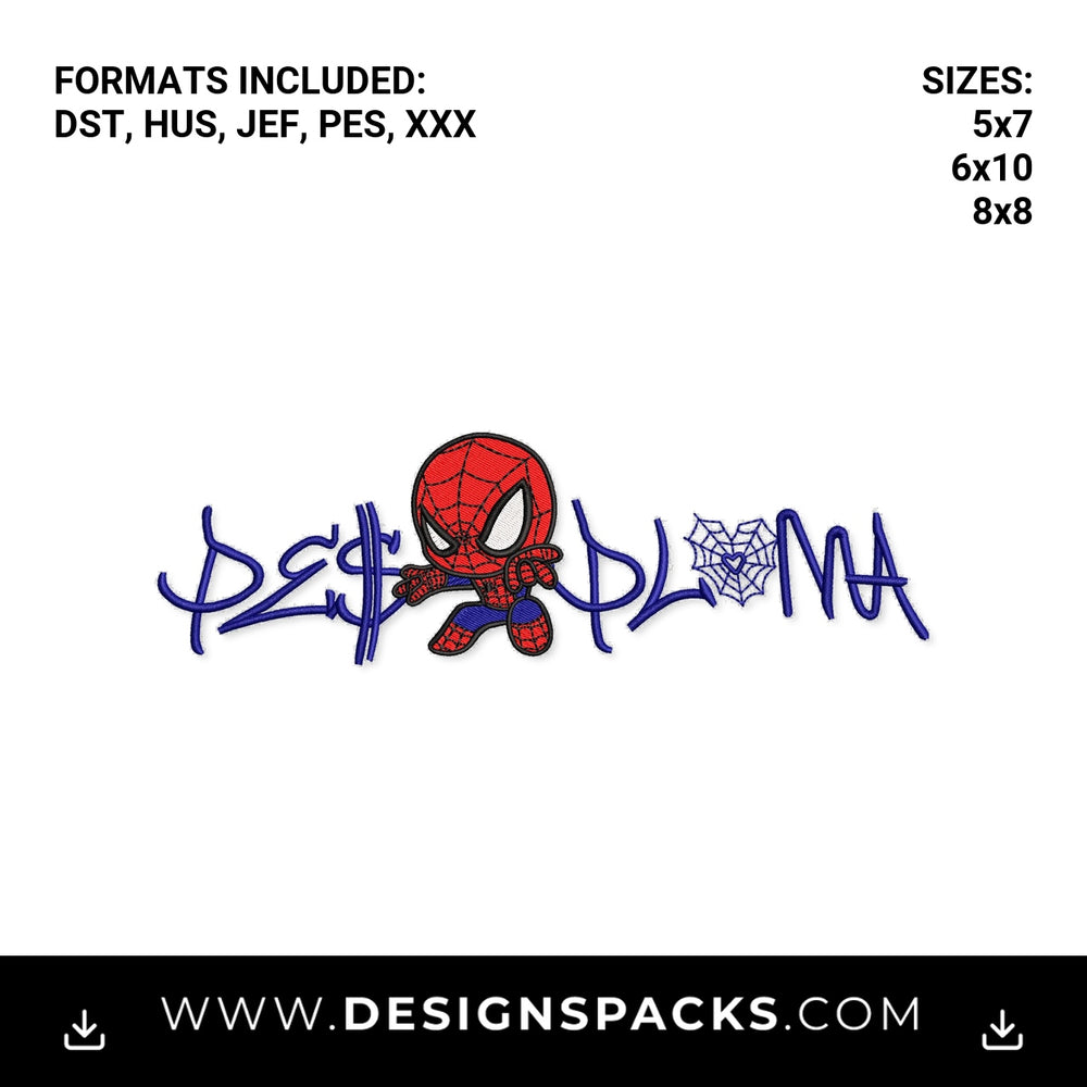 Chibi Spider Hero DE$PLOMA Web Logo Embroidery Design - Instant digital download pattern at Designspacks.com