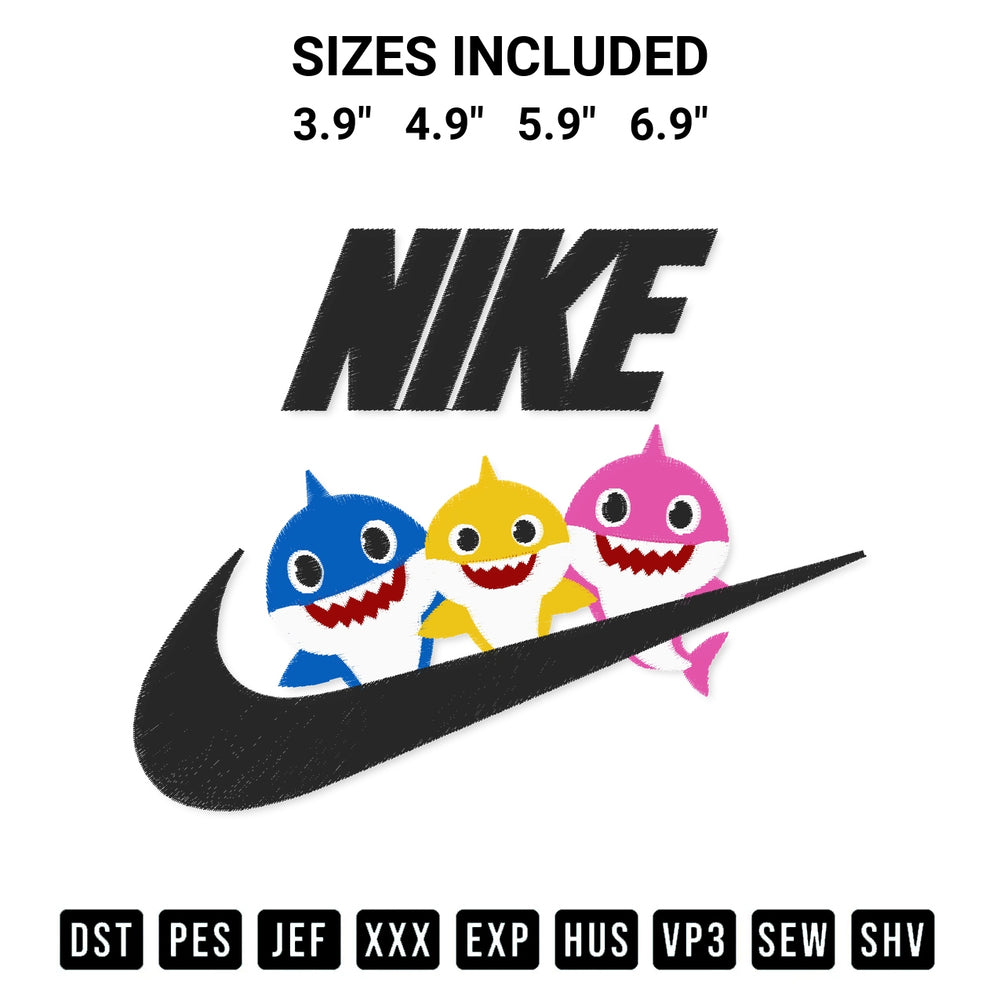 Add a unique touch to your apparel with the Nike Baby Shark Funny Embroidery Design embroidery file. Premium instant download available now on Designspacks.com. Available sizes: 3.9", 4.9", 5.9", 6.9".