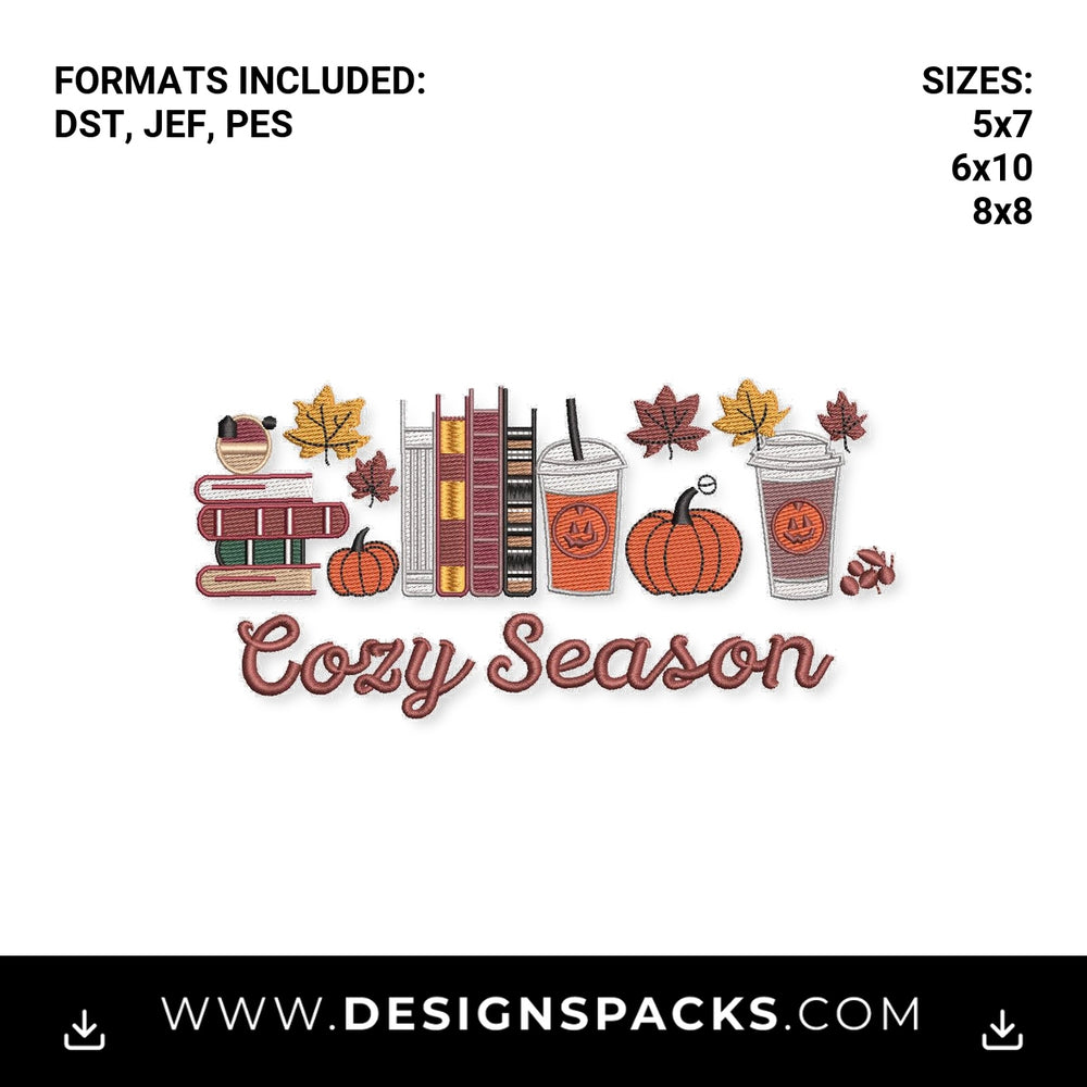 Cozy Season Fall Books Coffee Pumpkins Embroidery Design - Instant digital download pattern at Designspacks.com
