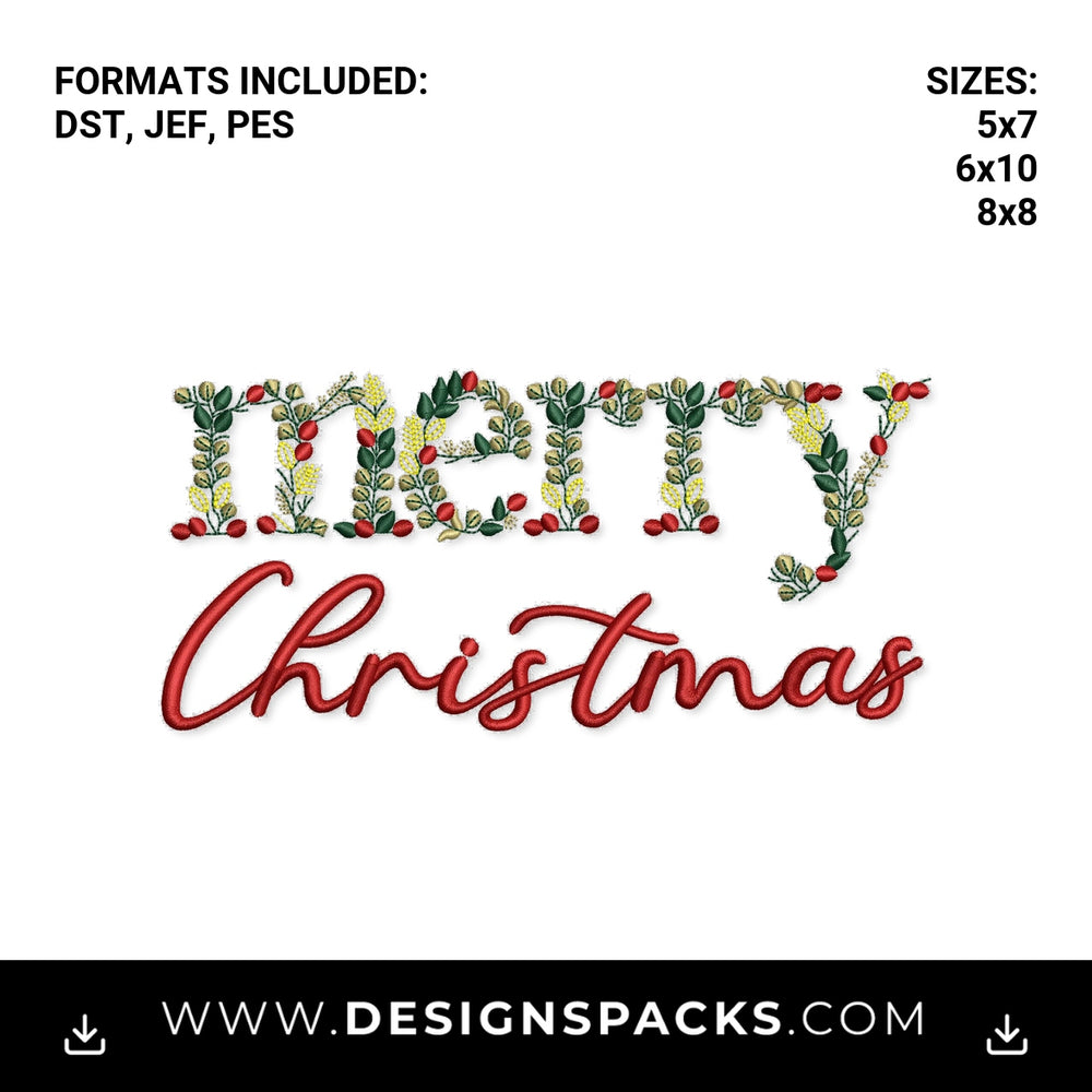 Floral Merry Christmas Cursive Script Embroidery Design - Instant digital download pattern at Designspacks.com