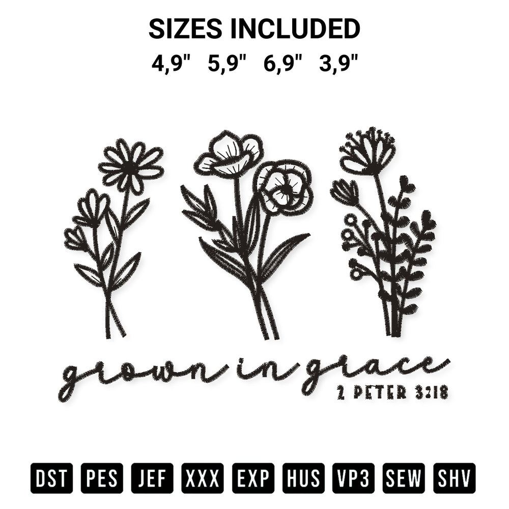 Create amazing crafts with the Grows In Grace Logo Embroidery Design embroidery file. High-quality digital download from Designspacks.com, perfect for beginners and pros. Available sizes: 4,9", 5,9", 6,9", 3,9".