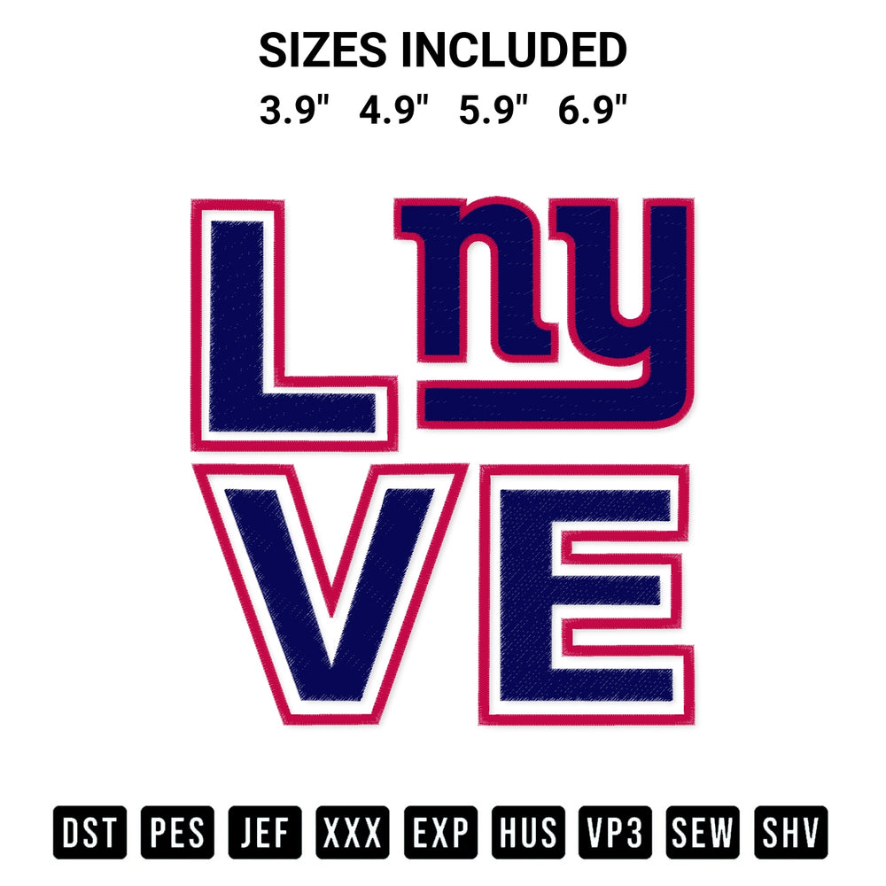 Transform your fabrics with the Love New York Giants Embroidery Design embroidery design. Instant access to premium digitized patterns at Designspacks.com. Available sizes: 3.9", 4.9", 5.9", 6.9".