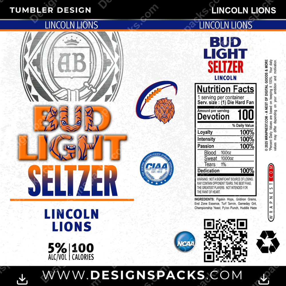 College Sport Bud Light Seltzer Lincoln Lions Tumbler Digital Wrap Design
