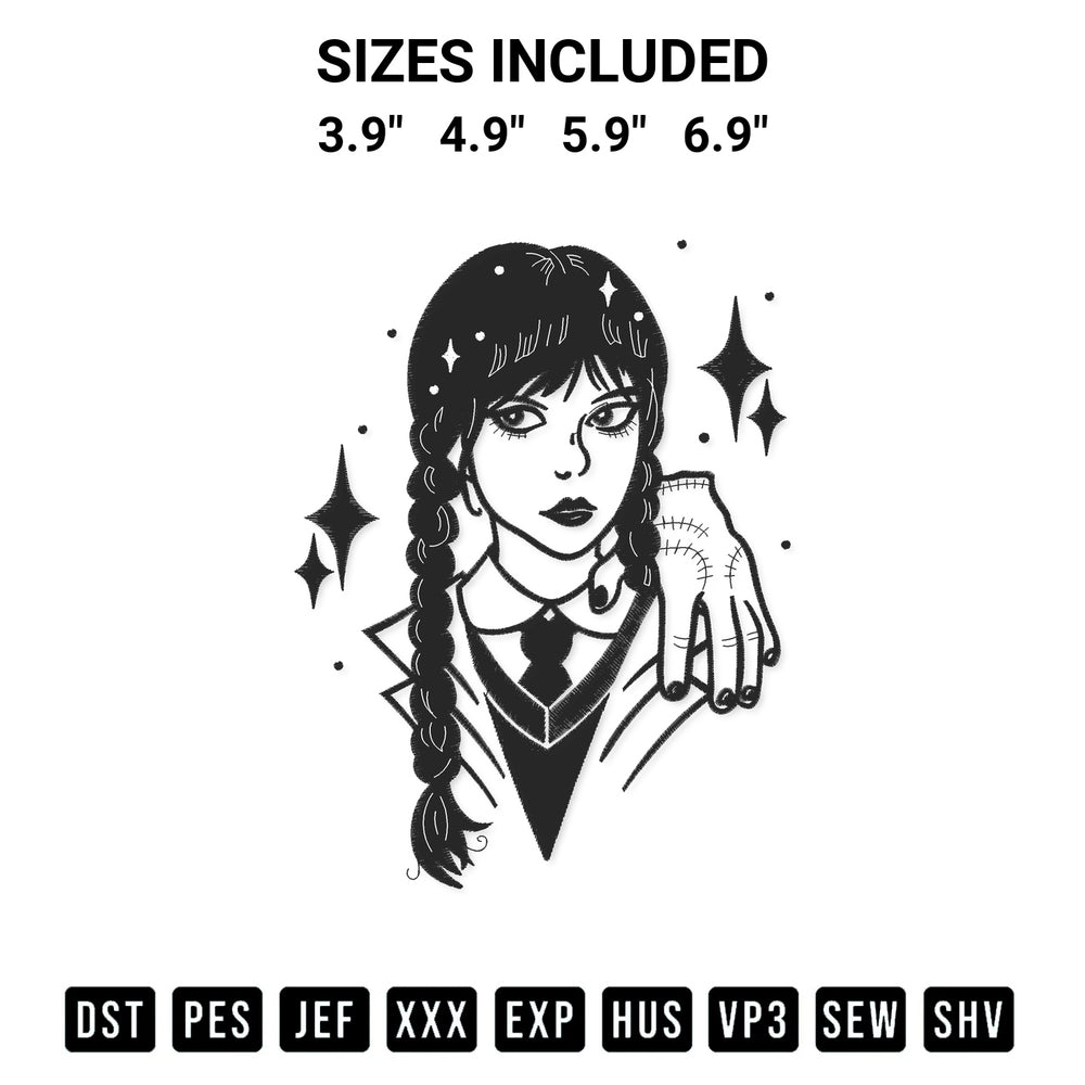 Transform your fabrics with the Wednesday Addams With Thing Hand Embroidery Design embroidery design. Instant access to premium digitized patterns at Designspacks.com. Available sizes: 3.9", 4.9", 5.9", 6.9".