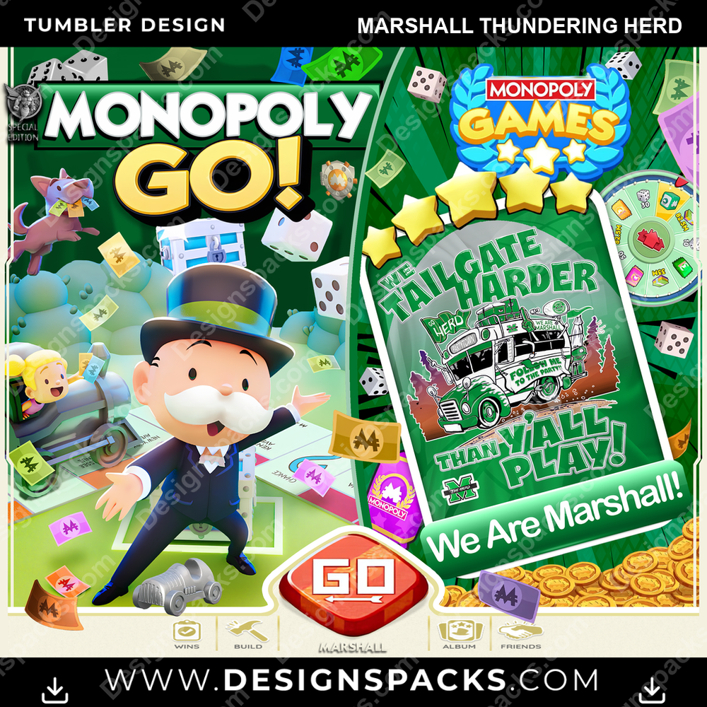 College Sport Monopoly Go! Marshall Thundering Herd Tumbler Digital Wrap Design