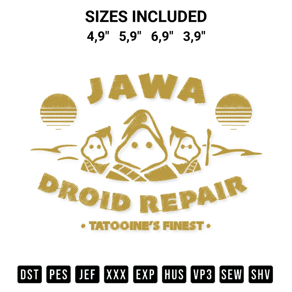 Add a unique touch to your apparel with the Star Wars Jawa Droid Repair Tatooines Finest Jawa Star Wars Logo Embroidery Design embroidery file. Premium instant download available now on Designspacks.com. Available sizes: 4,9", 5,9", 6,9", 3,9".