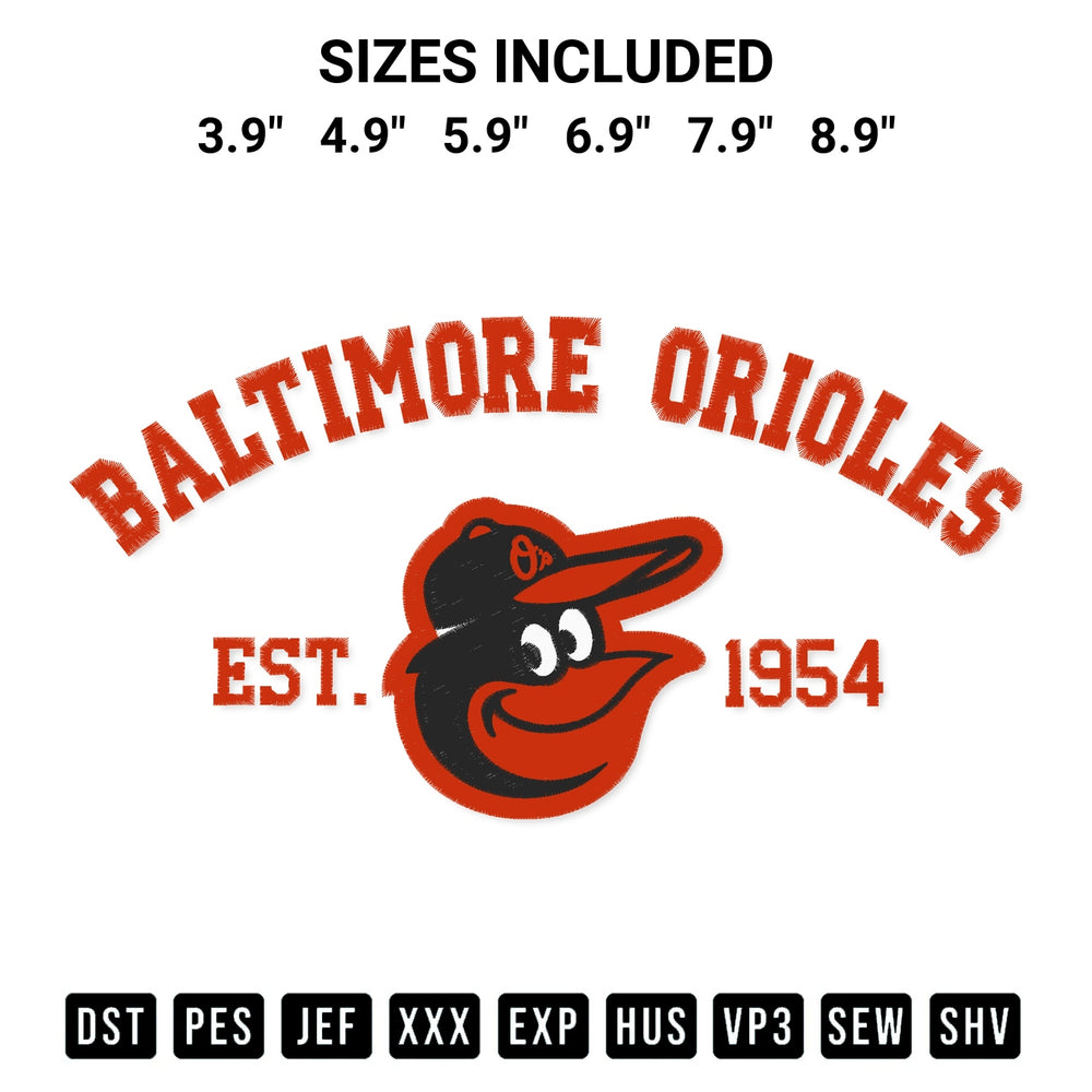 Looking for the perfect pattern? Download the Baltimore Orioles Est 1954 Embroidery Print Embroidery Design embroidery design today at Designspacks.com. Crisp, clean stitching guaranteed. Available sizes: 3.9", 4.9", 5.9", 6.9", 7.9", 8.9".