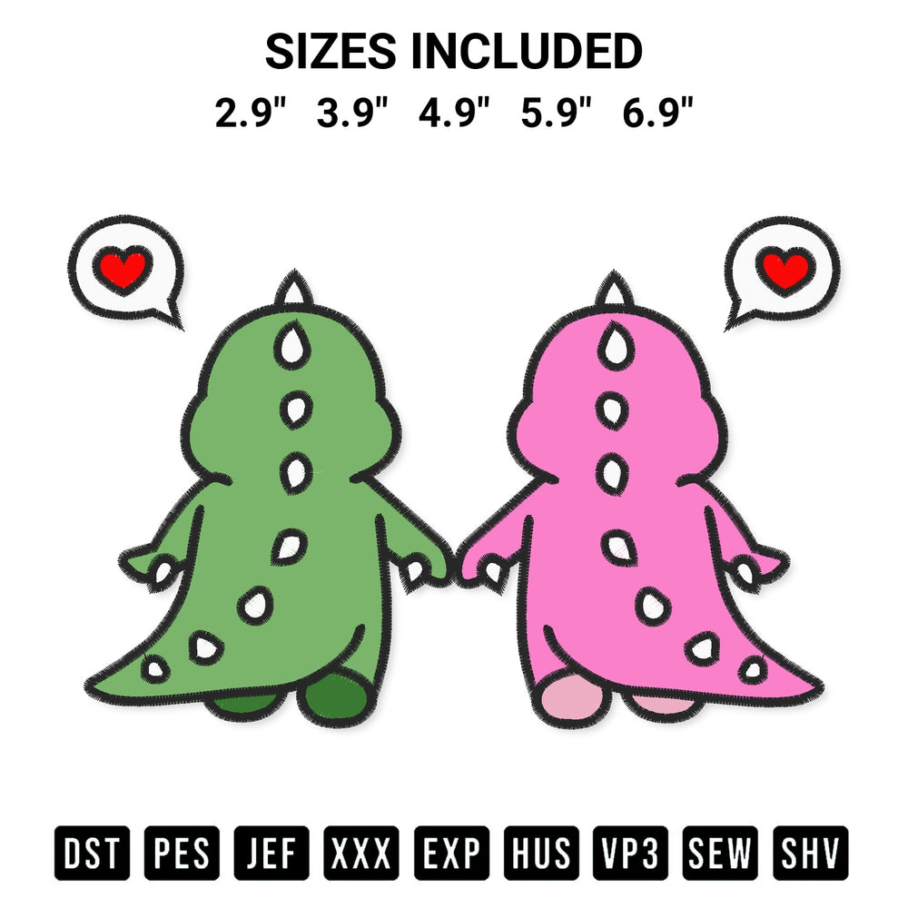 Get the Dinosaur Couple Holding Hands Embroidery Design embroidery design for your custom crafts! Premium digitized files available for instant download at Designspacks.com. Available sizes: 2.9", 3.9", 4.9", 5.9", 6.9".