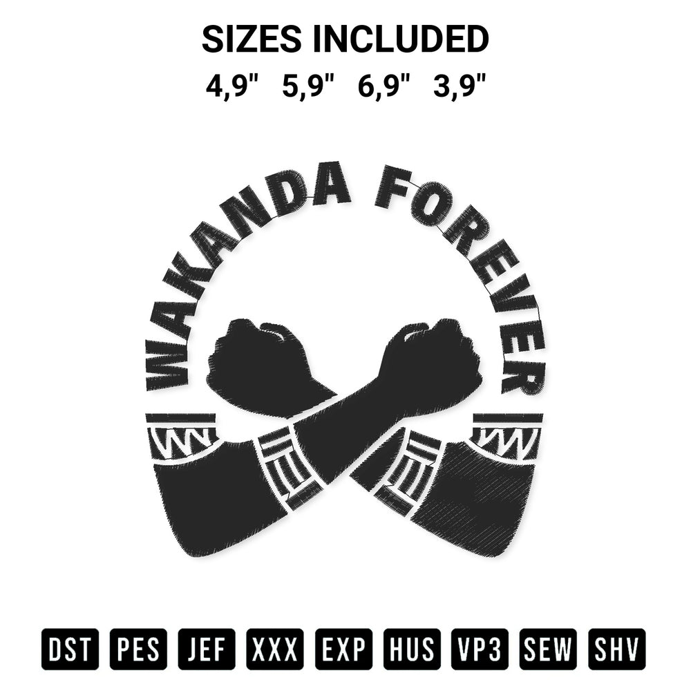 Transform your fabrics with the Wakanda Forever Trending Movie Marvel Black Panther 2022 Logo Embroidery Design embroidery design. Instant access to premium digitized patterns at Designspacks.com. Available sizes: 4,9", 5,9", 6,9", 3,9".