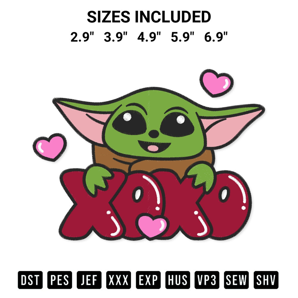 Elevate your next project with our Baby Yoda Xoxo Valentine Embroidery Design embroidery file. Shop high-quality digital patterns instantly at Designspacks.com. Available sizes: 2.9", 3.9", 4.9", 5.9", 6.9".