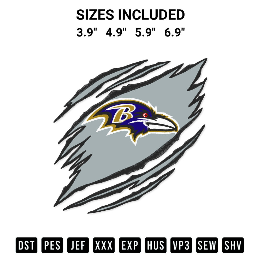 Add a unique touch to your apparel with the Baltimore Ravens Claws Embroidery Design embroidery file. Premium instant download available now on Designspacks.com. Available sizes: 3.9", 4.9", 5.9", 6.9".