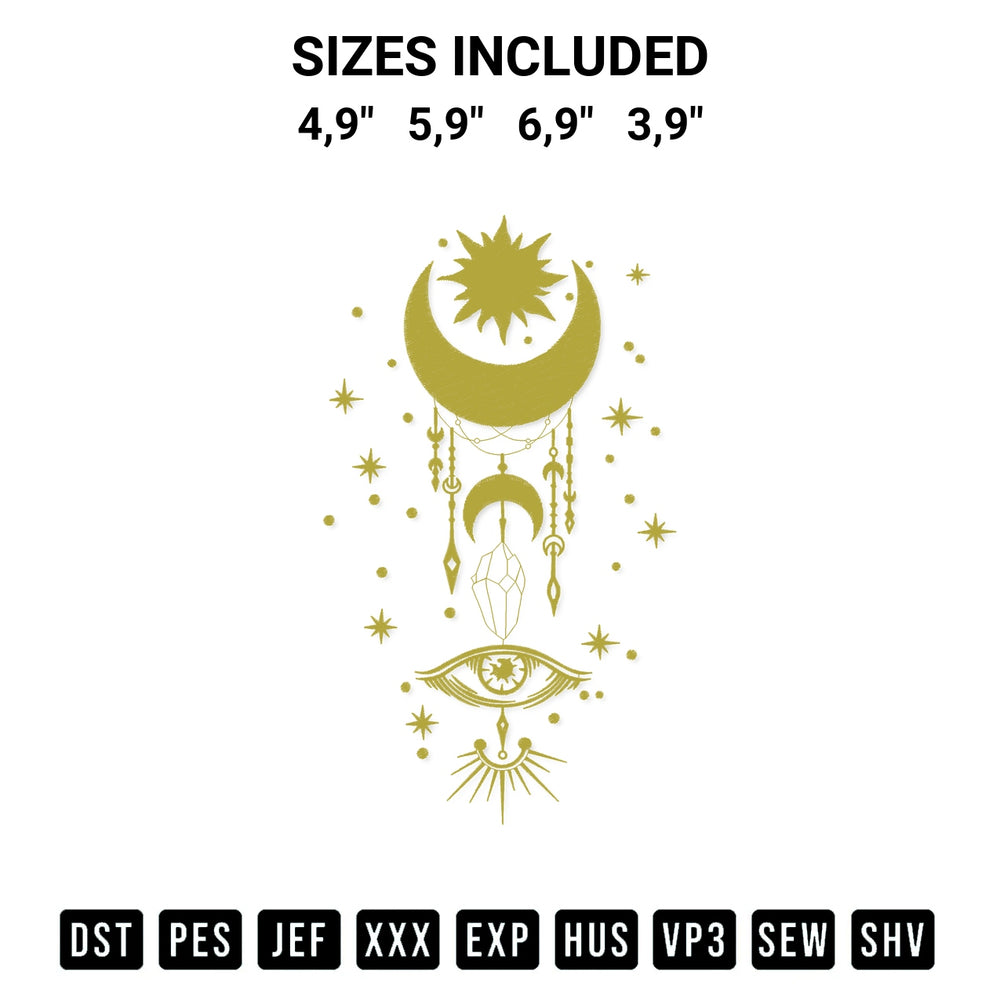 Get the Evil Eye Sun And Moon All Seeing Eye Spiritual Celestial Logo Embroidery Design embroidery design for your custom crafts! Premium digitized files available for instant download at Designspacks.com. Available sizes: 4,9", 5,9", 6,9", 3,9".
