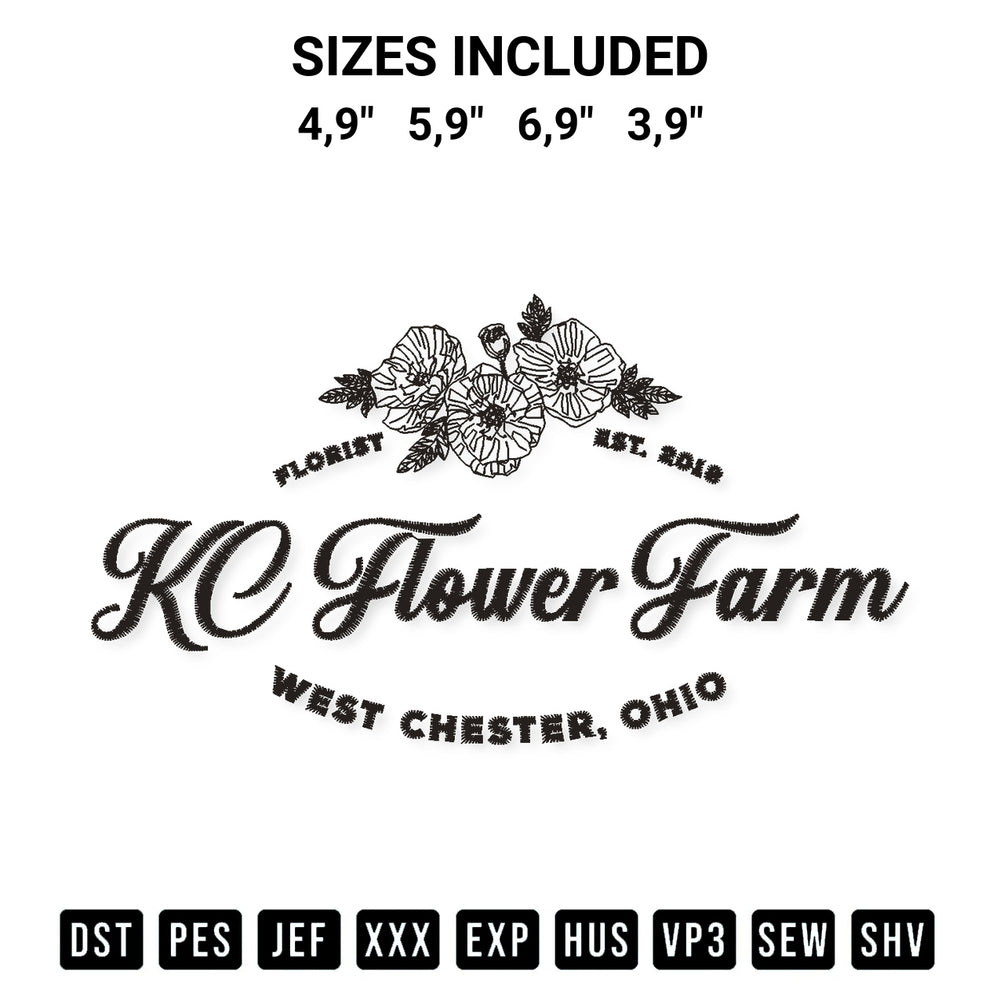 Add a unique touch to your apparel with the Kc Flower Farm Logo Embroidery Design embroidery file. Premium instant download available now on Designspacks.com. Available sizes: 4,9", 5,9", 6,9", 3,9".