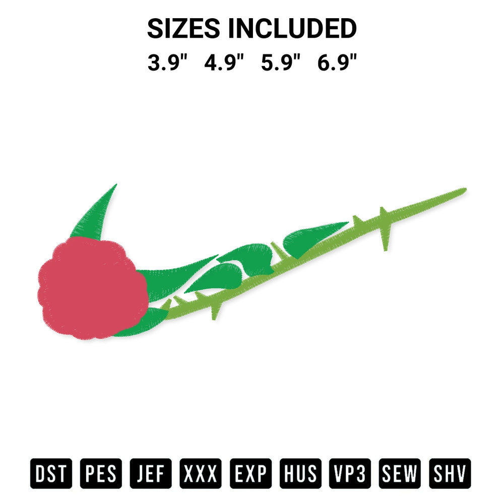 Get the Nike Rose Embroidery Design embroidery design for your custom crafts! Premium digitized files available for instant download at Designspacks.com. Available sizes: 3.9", 4.9", 5.9", 6.9".