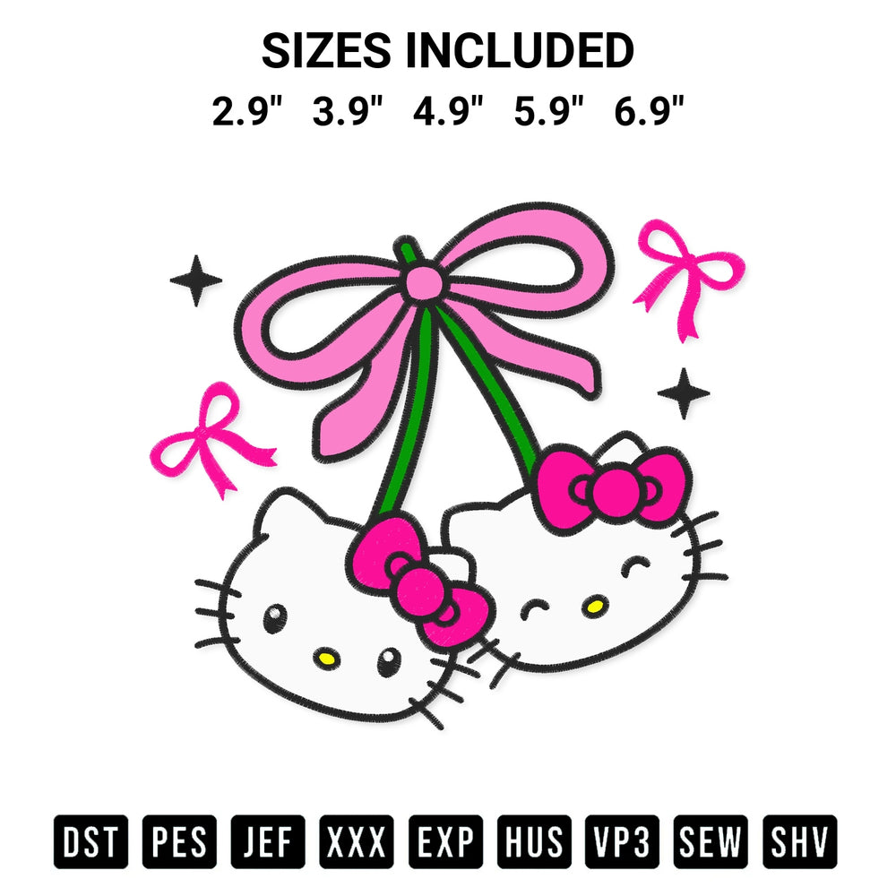 Shop the Hello Kitty Coquette Cherry Embroidery Design machine embroidery pattern at Designspacks.com. Beautifully digitized for flawless stitching on any fabric. Available sizes: 2.9", 3.9", 4.9", 5.9", 6.9".
