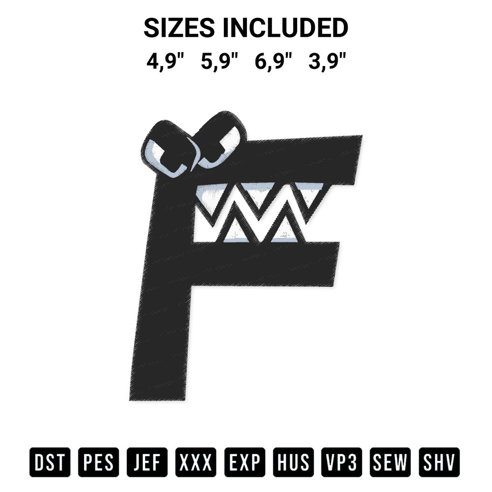 Shop the Villain Alphabet Lore F Costume Boys Matching Evil Letter Funny Logo Embroidery Design machine embroidery pattern at Designspacks.com. Beautifully digitized for flawless stitching on any fabric. Available sizes: 4,9", 5,9", 6,9", 3,9".