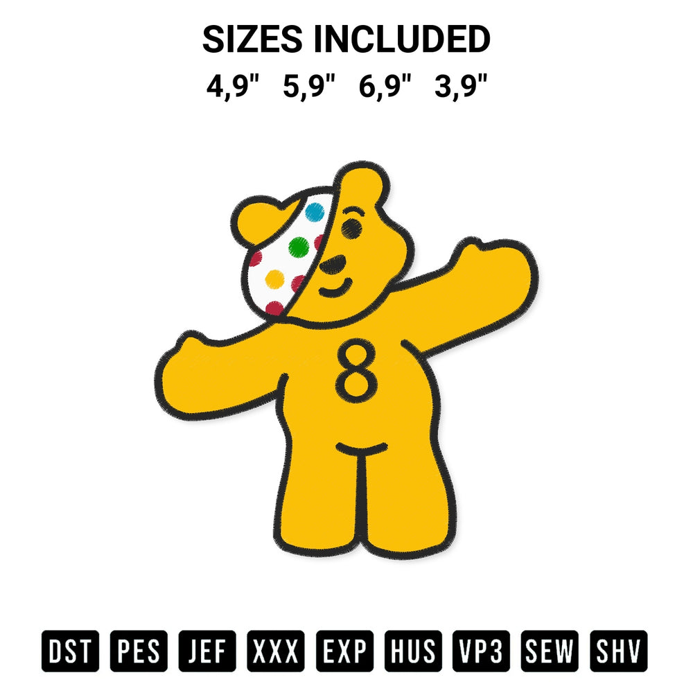 Looking for the perfect pattern? Download the Pudsey Bear Children In Need 7 Logo Embroidery Design embroidery design today at Designspacks.com. Crisp, clean stitching guaranteed. Available sizes: 4,9", 5,9", 6,9", 3,9".