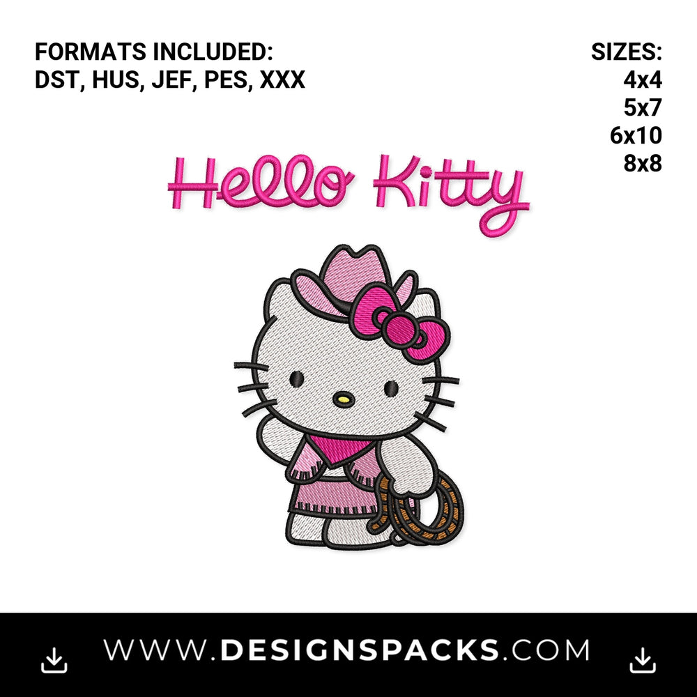 Hello Kitty Cowgirl with Lasso Embroidery Design - Instant digital download pattern at Designspacks.com