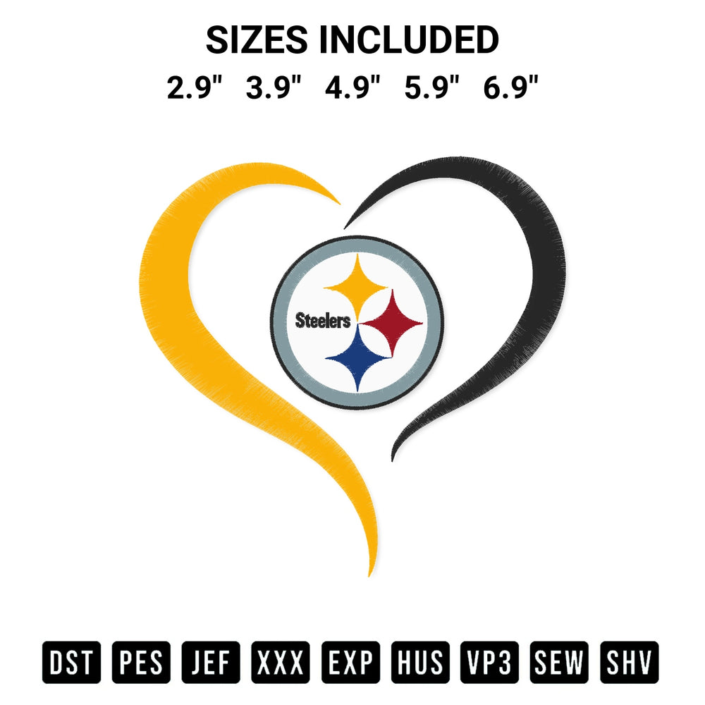 Discover the perfect addition to your crafting collection: Pittsburgh Steelers Heart Football Embroidery Design embroidery file. Instantly available at Designspacks.com. Available sizes: 2.9", 3.9", 4.9", 5.9", 6.9".