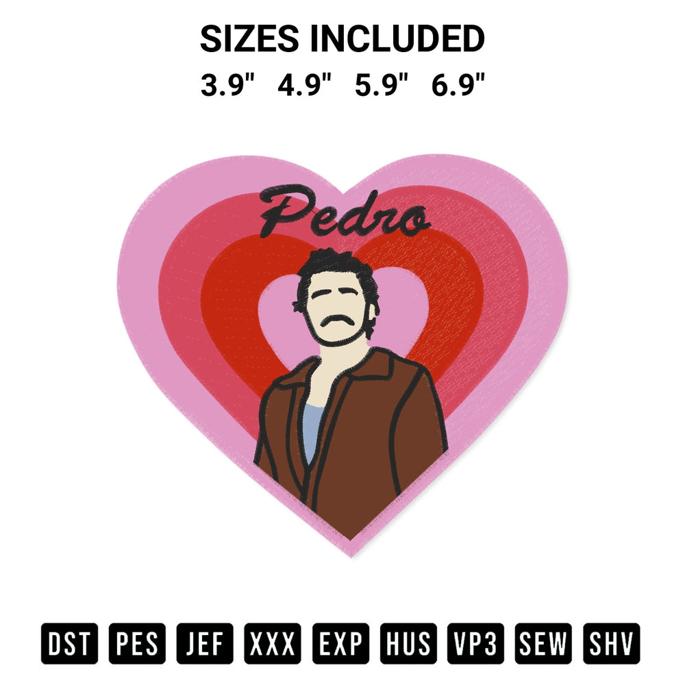 Discover the perfect addition to your crafting collection: Pedro Pascal In Heart Embroidery Design embroidery file. Instantly available at Designspacks.com. Available sizes: 3.9", 4.9", 5.9", 6.9".