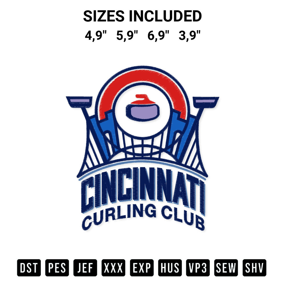 Add a unique touch to your apparel with the Cincinnati Curling Club Logo Embroidery Design embroidery file. Premium instant download available now on Designspacks.com. Available sizes: 4,9", 5,9", 6,9", 3,9".