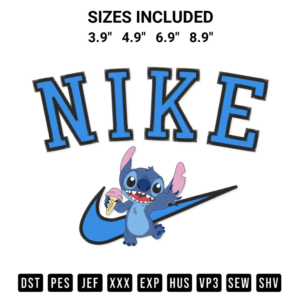 Stitch like a pro with the Stitch Nike Embroidery Design embroidery pattern from Designspacks.com. High-quality digital machine embroidery file. Available sizes: 3.9", 4.9", 6.9", 8.9".
