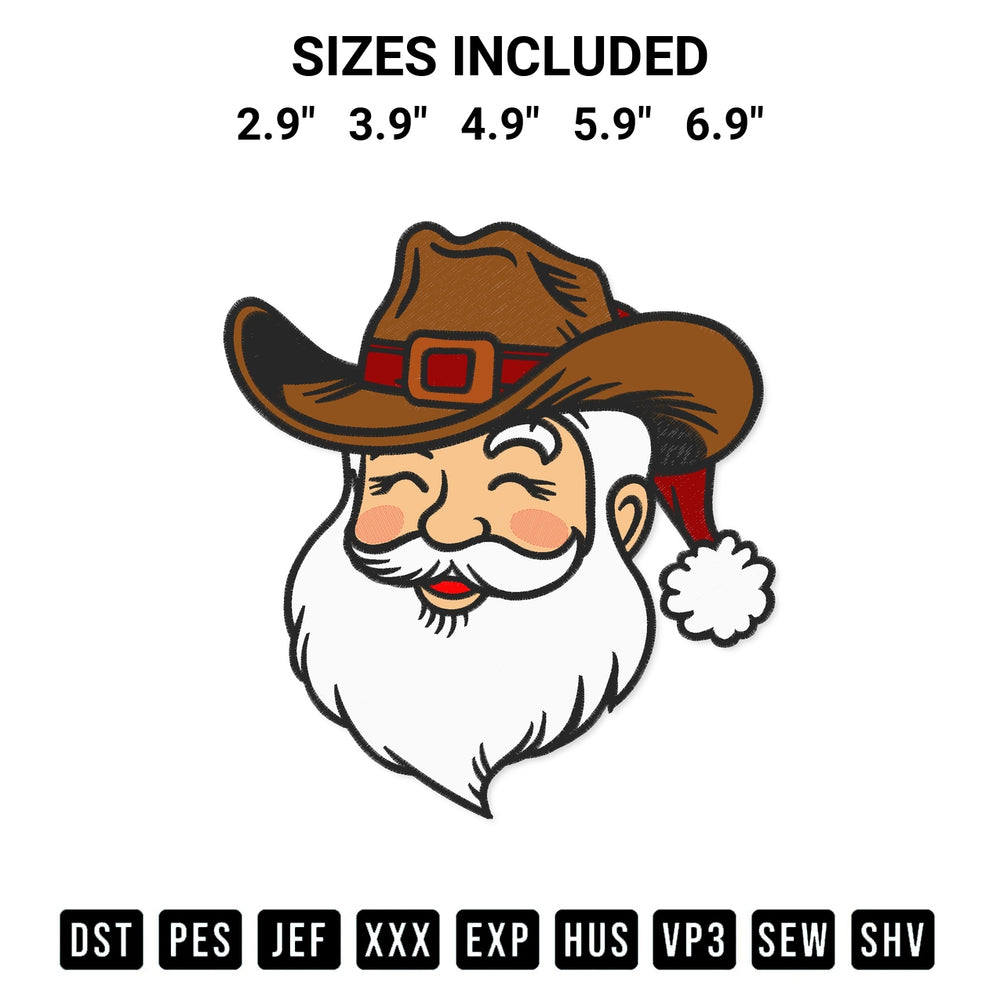 Stitch like a pro with the Cowboy Santa Face Embroidery Design embroidery pattern from Designspacks.com. High-quality digital machine embroidery file. Available sizes: 2.9", 3.9", 4.9", 5.9", 6.9".