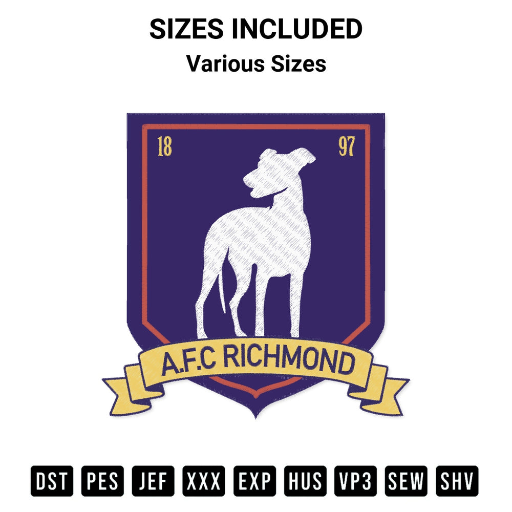 Stitch like a pro with the Afc Richmond Greyhounds 1897 Embroidery Design embroidery pattern from Designspacks.com. High-quality digital machine embroidery file. Available sizes: Various Sizes.
