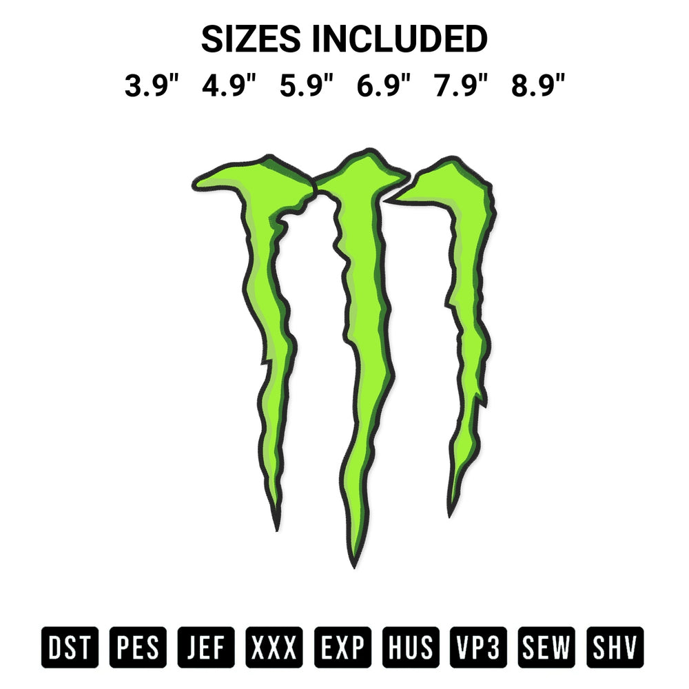 Stitch like a pro with the Monster Energy Drink Embroidery Design embroidery pattern from Designspacks.com. High-quality digital machine embroidery file. Available sizes: 3.9", 4.9", 5.9", 6.9", 7.9", 8.9".