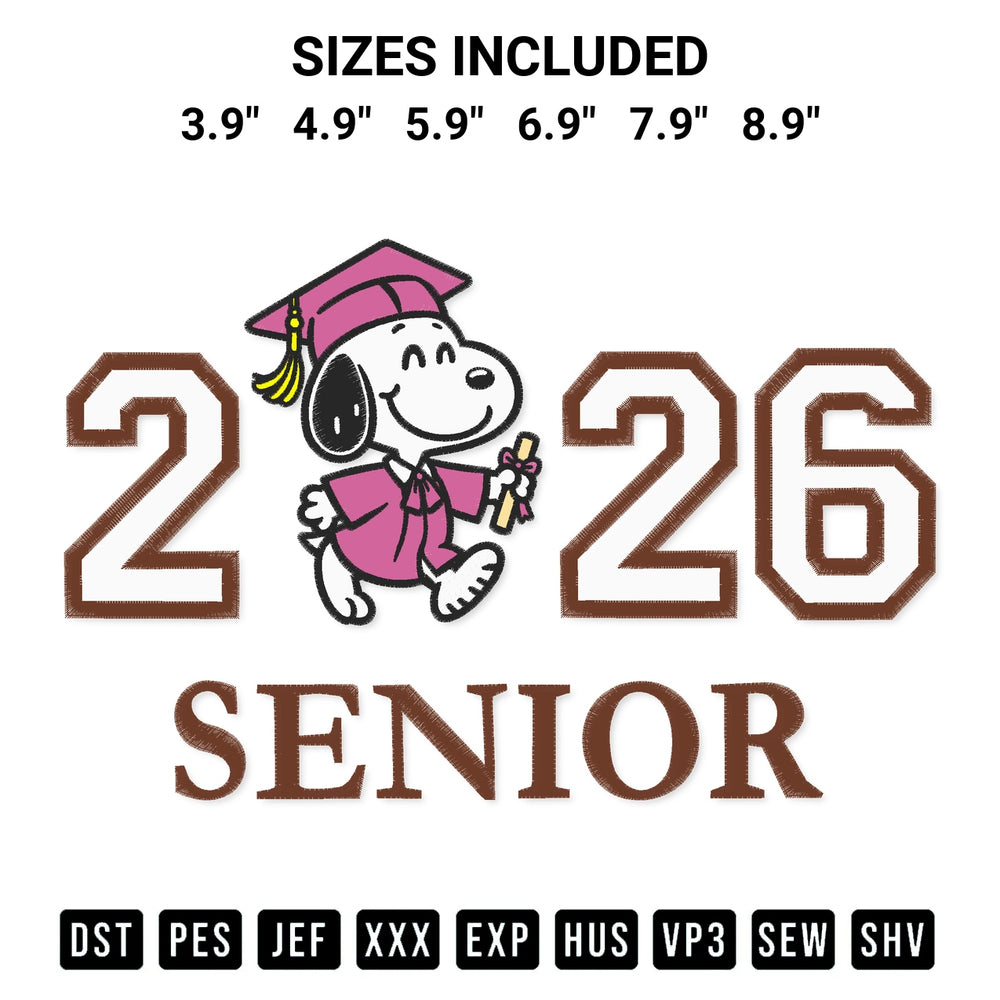 Download the Senior 2026 Snoopy Embroidery Design machine embroidery design exclusively at Designspacks.com. Premium digitized pattern for apparel and DIY crafts. Available sizes: 3.9", 4.9", 5.9", 6.9", 7.9", 8.9".