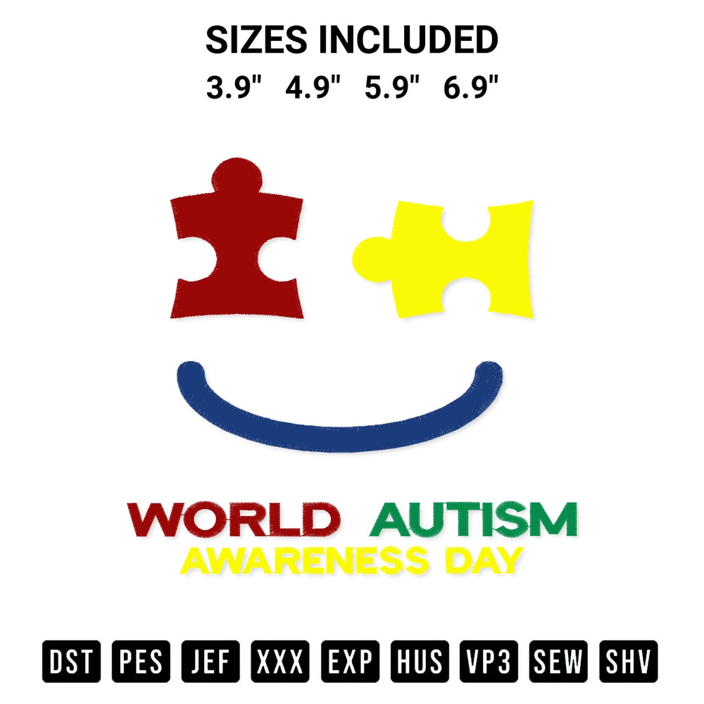 Shop the World Autism Awareness Day Smile Embroidery Design machine embroidery pattern at Designspacks.com. Beautifully digitized for flawless stitching on any fabric. Available sizes: 3.9", 4.9", 5.9", 6.9".