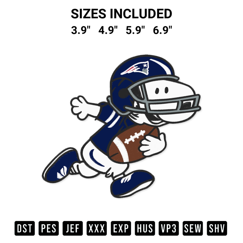 Stitch like a pro with the Snoopy New England Patriots Nfl Embroidery Design embroidery pattern from Designspacks.com. High-quality digital machine embroidery file. Available sizes: 3.9", 4.9", 5.9", 6.9".