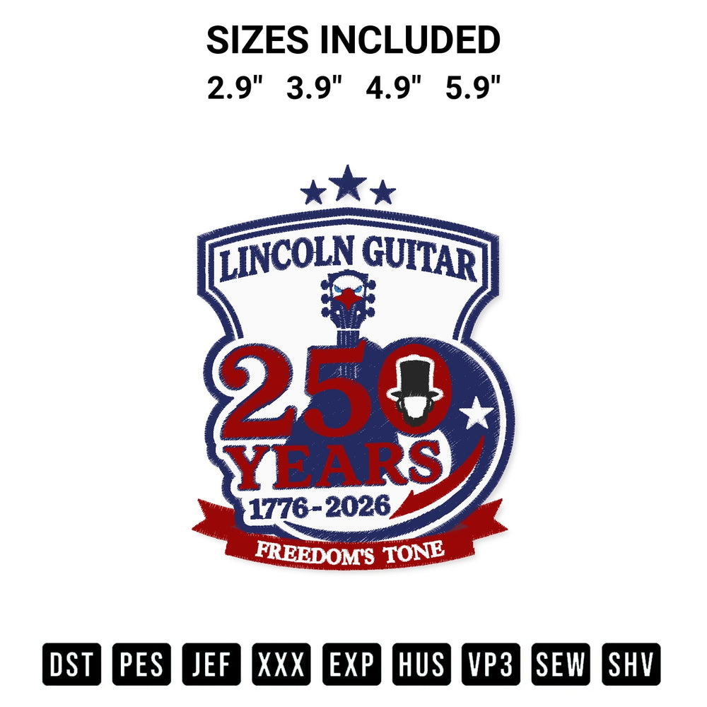 Transform your fabrics with the Abraham Lincoln Guitar 4Th July 250Th Anniversary Embroidery Design embroidery design. Instant access to premium digitized patterns at Designspacks.com. Available sizes: 2.9", 3.9", 4.9", 5.9".