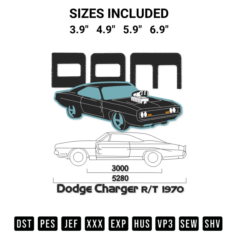 Get the Dom Dodge Charger 1970 Embroidery Design embroidery design for your custom crafts! Premium digitized files available for instant download at Designspacks.com. Available sizes: 3.9", 4.9", 5.9", 6.9".