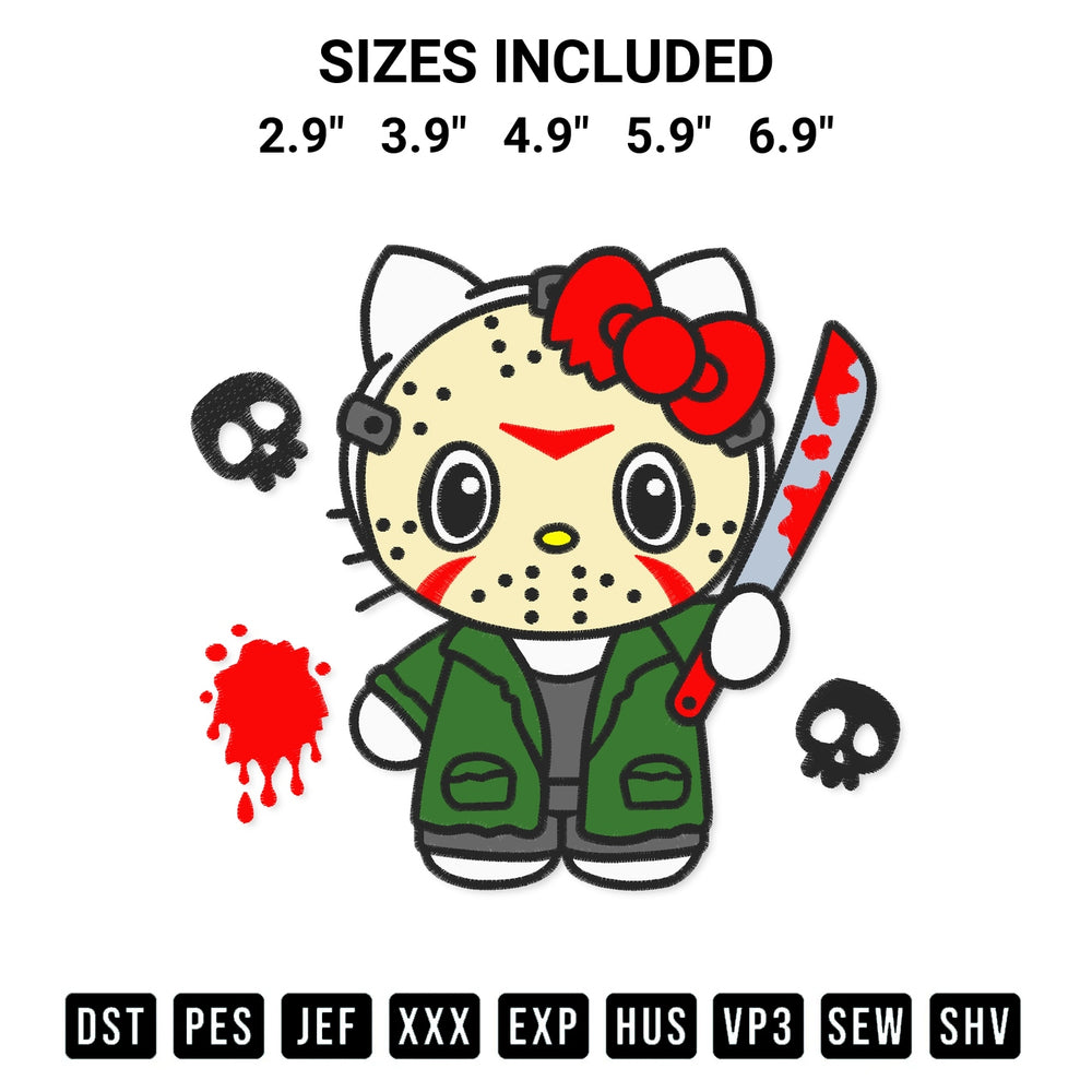 Shop the Hello Kitty Jason Voorhees Embroidery Design machine embroidery pattern at Designspacks.com. Beautifully digitized for flawless stitching on any fabric. Available sizes: 2.9", 3.9", 4.9", 5.9", 6.9".