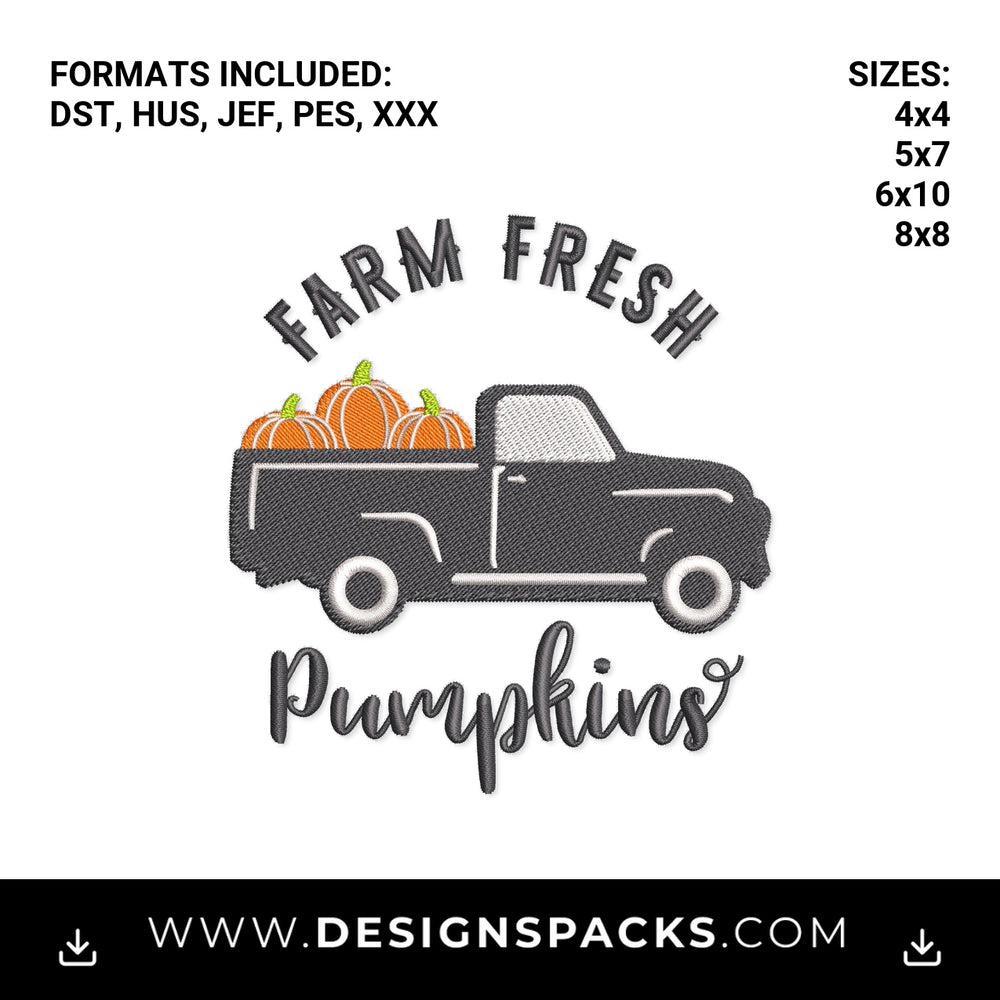 Farm Fresh Pumpkins Vintage Truck Embroidery Design - Instant digital download pattern at Designspacks.com