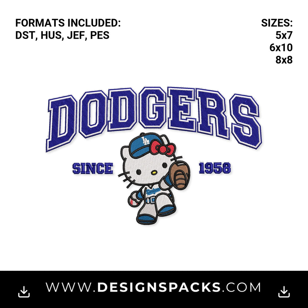 Hello Kitty Dodgers Baseball Since 1958 Embroidery Design - Instant digital download pattern at Designspacks.com