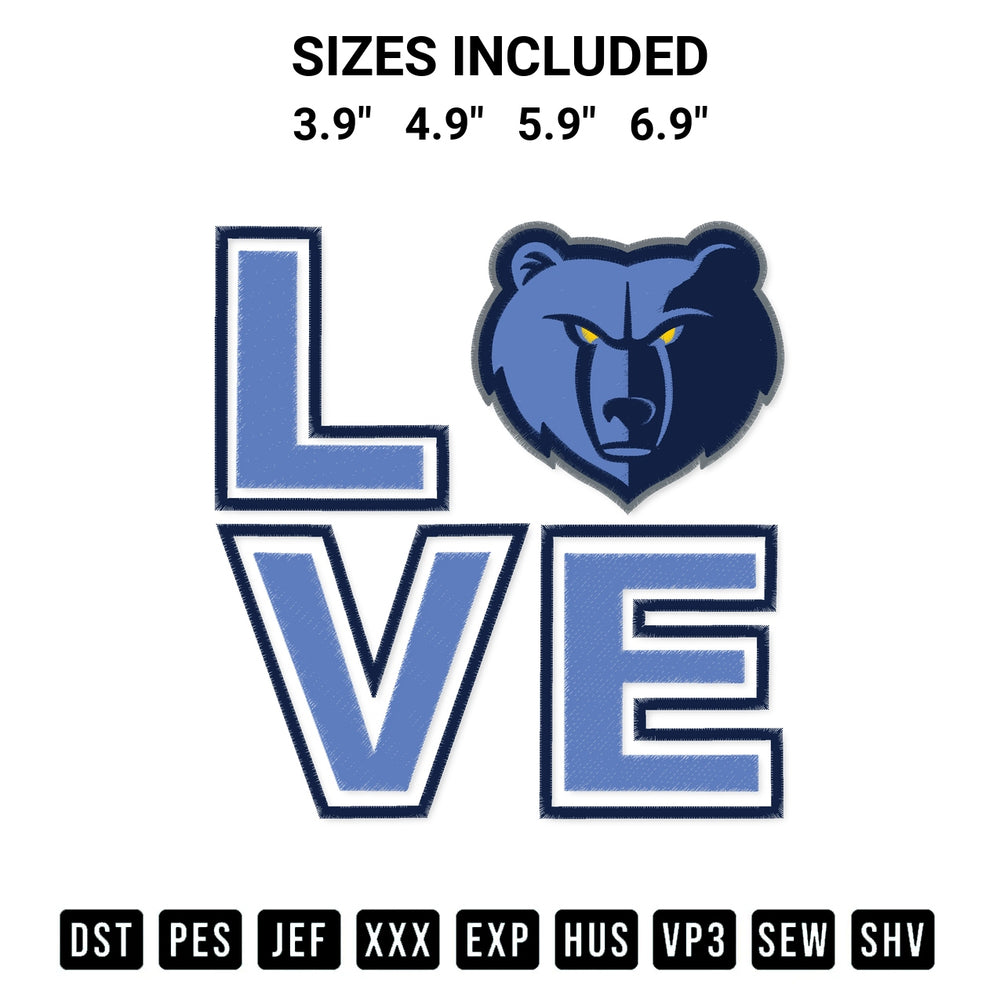 Download the Love Memphis Grizzlies Embroidery Design machine embroidery design exclusively at Designspacks.com. Premium digitized pattern for apparel and DIY crafts. Available sizes: 3.9", 4.9", 5.9", 6.9".