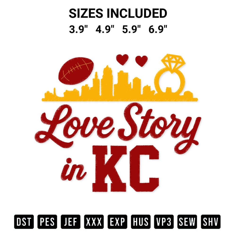 Get the Love Story In Kc Embroidery Design embroidery design for your custom crafts! Premium digitized files available for instant download at Designspacks.com. Available sizes: 3.9", 4.9", 5.9", 6.9".
