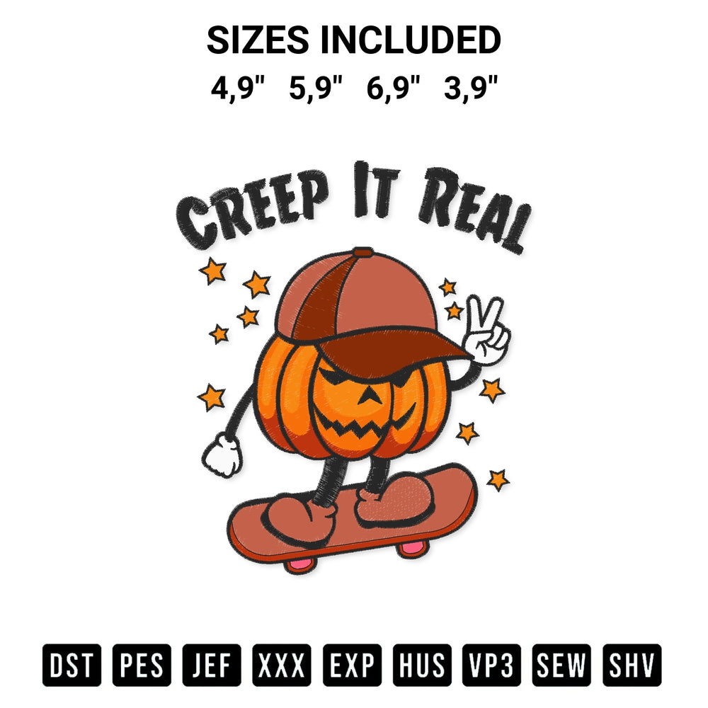 Discover the perfect addition to your crafting collection: Creep It Real Pumpkin Boy On Skateboard Halloween Boys Costume Logo Embroidery Design embroidery file. Instantly available at Designspacks.com. Available sizes: 4,9", 5,9", 6,9", 3,9".