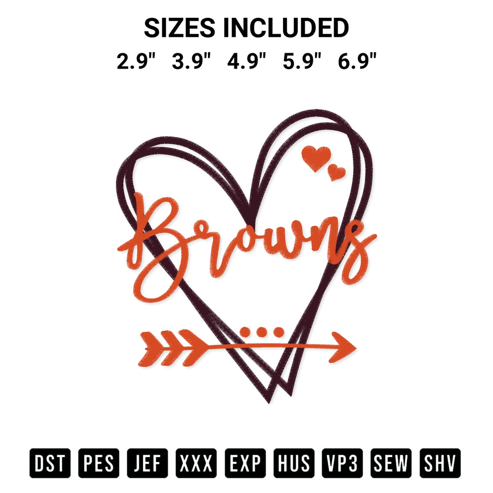 Get the Cleveland Browns Heart Embroidery Design embroidery design for your custom crafts! Premium digitized files available for instant download at Designspacks.com. Available sizes: 2.9", 3.9", 4.9", 5.9", 6.9".