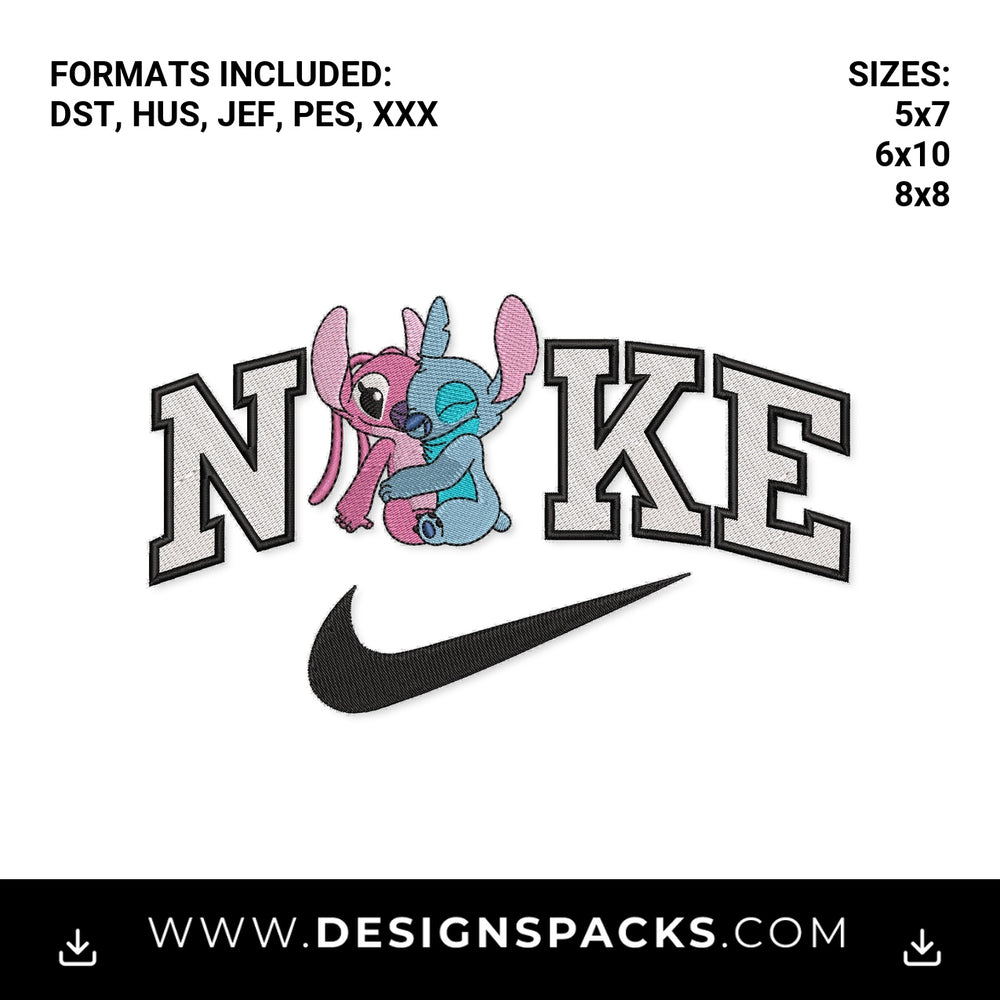 Stitch & Angel Hugging Nike Logo Embroidery Design - Instant digital download pattern at Designspacks.com