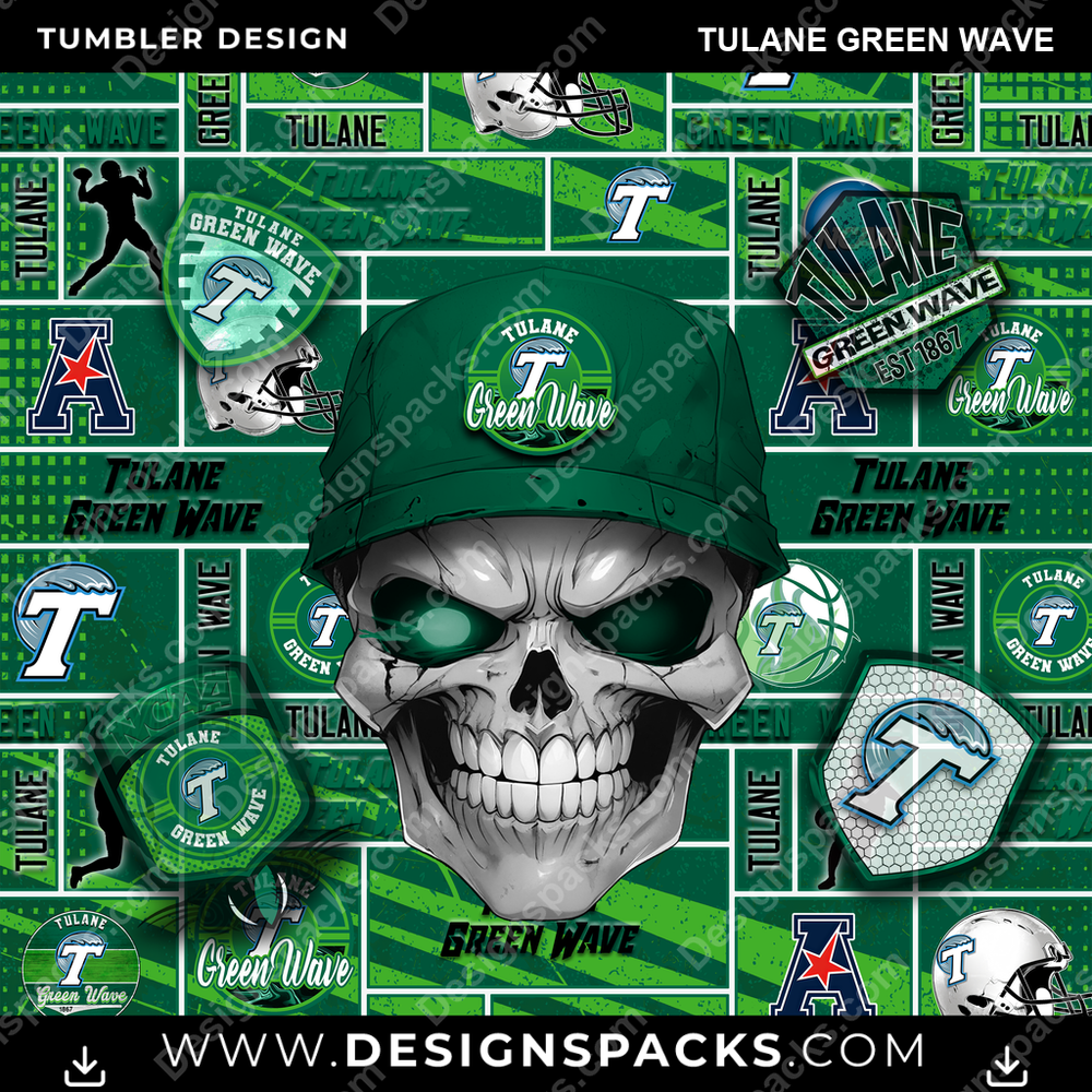 College Sport Skull Tulane Green Wave NCAA College Sport Tumbler Digital Wrap Design Download
