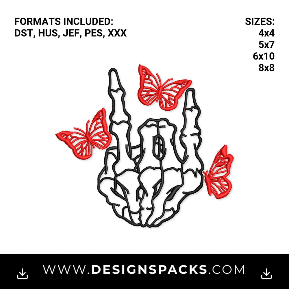 Rock On Skeleton Hand with Butterflies Embroidery Design - Instant digital download pattern at Designspacks.com