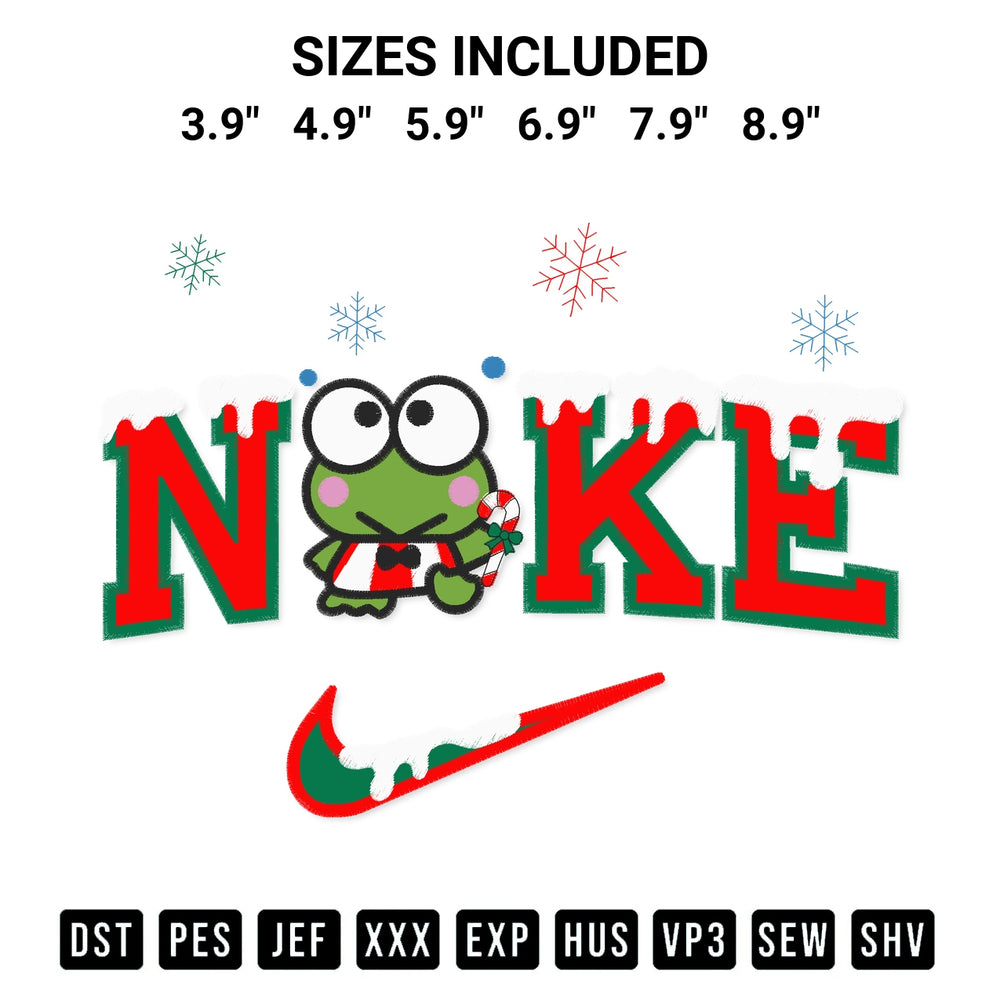 Looking for the perfect pattern? Download the Nike Keroppi Christmas Embroidery Design embroidery design today at Designspacks.com. Crisp, clean stitching guaranteed. Available sizes: 3.9", 4.9", 5.9", 6.9", 7.9", 8.9".