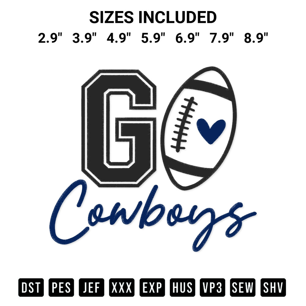 Looking for the perfect pattern? Download the Go Cowboys Football Embroidery Design embroidery design today at Designspacks.com. Crisp, clean stitching guaranteed. Available sizes: 2.9", 3.9", 4.9", 5.9", 6.9", 7.9", 8.9".